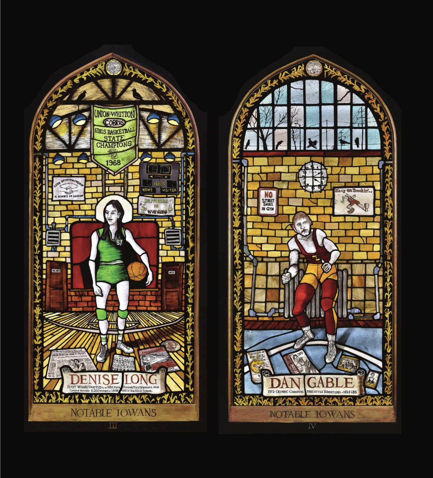 Two arched panels contain detailed representations of Denise Long and Dan Gable. Denise holds a basketball on her hip and Dan is slightly crouched with his arms out in front of him.